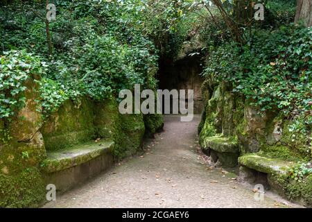 Splendida vista sui dettagli del giardino nelle tenute Quinta da Regaleira, Sintra, vicino a Lisbona, Portogallo Foto Stock