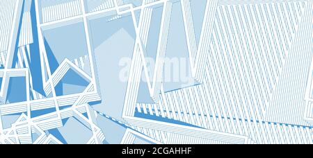 Blu geometrico complesso su astrazione bianca. Illustrazione grafica vettoriale con strisce Illustrazione Vettoriale