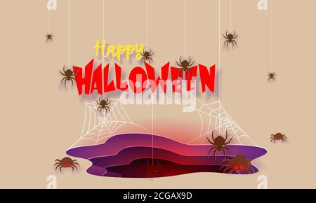 Ragni e web spooky. Buon banner di Halloween in stile di taglio di carta alla moda. Illustrazione vettoriale Illustrazione Vettoriale