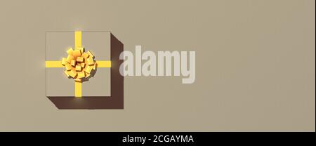 Confezione regalo con arco dorato e nastro su sfondo grigio scuro. Presentare la confezione in carta marrone. Tema a colori monocromatico. illustrazione 3d. Vista dall'alto verso il basso Foto Stock