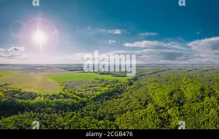 Infinite foreste della Bielorussia e campi agricoli in estate. Panorama al tramonto dall'altitudine del volo Foto Stock