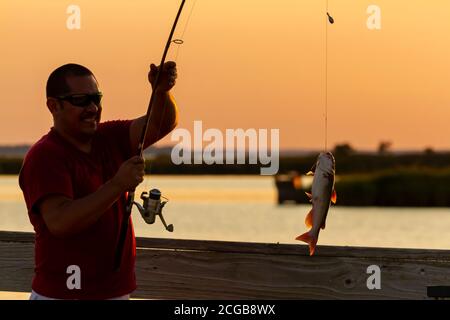 Eastern neck Island, MD, USA 09/06/2020: Un giovane ispanico che indossa una t-shirt rossa e occhiali da sole ha appena catturato un pesce gatto con la sua canna da pesca. Lui Foto Stock