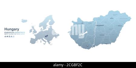 Mappa dell'Ungheria. Mappa vettoriale a gradiente blu dei paesi europei. Illustrazione Vettoriale