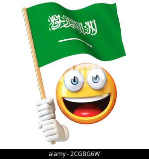 Emoji che detiene bandiera dell'Arabia Saudita, emoticon che sventola la bandiera nazionale 3d rendering Foto Stock