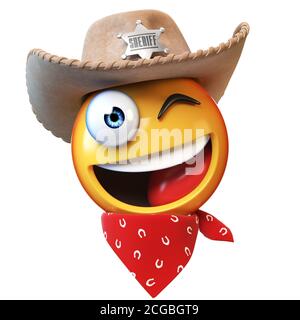 Sceriffo emoji isolato su sfondo bianco, Cowboy emoticon 3d rendering Foto Stock