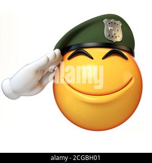 Solider esercito emoji isolato su sfondo bianco, emoticon militare indossando beret saluting 3d rendering Foto Stock