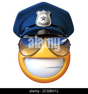 Poliziotto emoji isolato su sfondo bianco, poliziotto con occhiali da sole emoticon 3d rendering Foto Stock