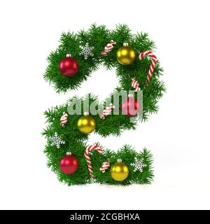 Font natalizio isolato su rendering 3d bianco, numero 2 Foto Stock