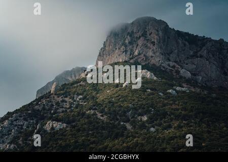 Bellissimo paesaggio nuvoloso delle montagne estive Tramonto tempo. Ginepro relitto nelle montagne della Crimea Foto Stock