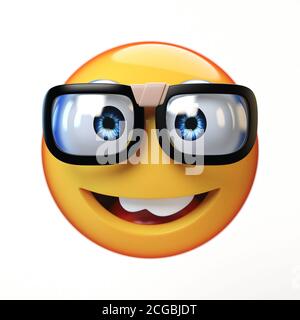 Nerd emoji isolato su sfondo bianco, emoticon con occhiali 3D rendering Foto Stock