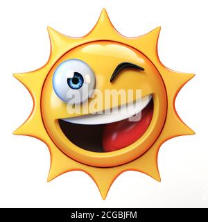 Cartoon sole emoji isolato su sfondo bianco, Sunshine emoticon 3d rendering Foto Stock