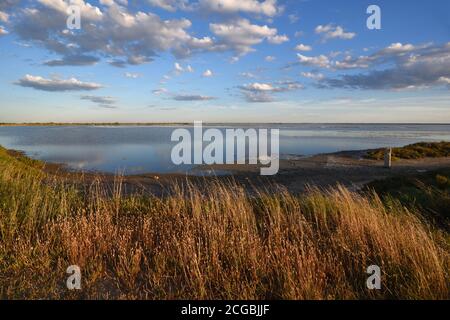 La sera o la costa del tramonto, il lago o il bordo d'acqua a Etang de la Dame Lake Camargue Wetlands, Parco Regionale o Riserva Naturale Provence France Foto Stock