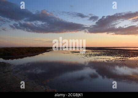 Tramonto o tramonto sul lago Etang de la Dame o paesaggio Camargue nel Parco Regionale della Camargue, Wetlands o Riserva Naturale Provenza Francia Foto Stock