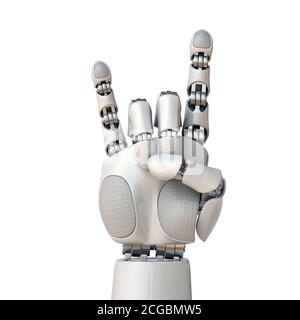 Mano robot che gestura un rock and roll segno 3d rendering Foto Stock