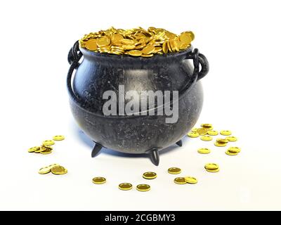 Pentola di ferro piena di monete d'oro - Patrick Day calderone rendering 3d Foto Stock
