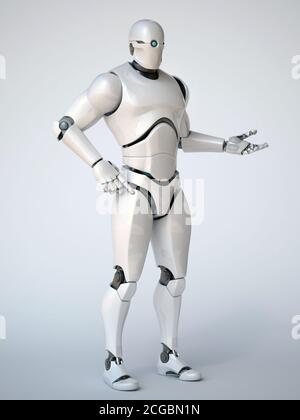 Robot su sfondo bianco in un rendering 3d di posa di attesa, puntamento o presentazione Foto Stock
