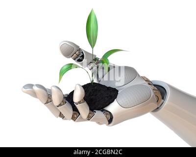 Robot Hand Holding Plant, Synthetic LIFE, Genetic Engineering Concept, 3d rendering Foto Stock
