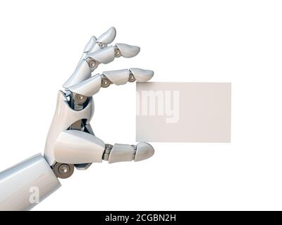 Mano del robot che tiene un biglietto da visita vuoto rendering 3d Foto Stock