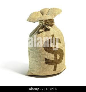 Sacco di soldi pieno di dollari con il rendering 3d segno del dollaro Foto Stock