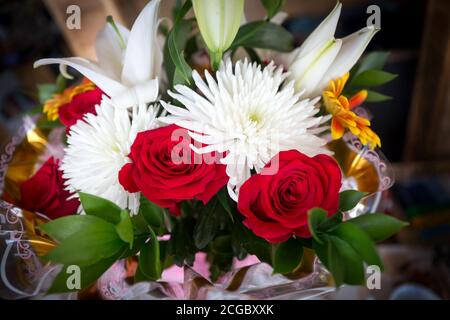 Un bel bouquet festivo composto da effusioni, rose, crisantemi e gerbere Foto Stock