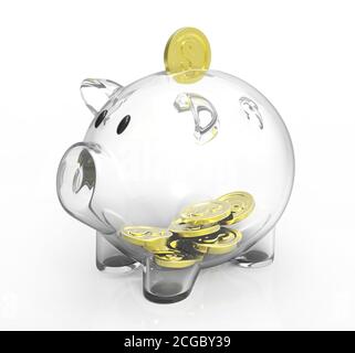 Banco di porcellino di vetro con monete d'oro Foto Stock