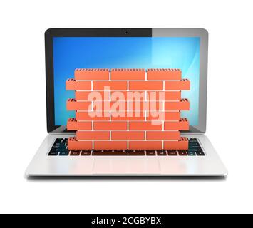 Sicurezza del computer, concetto 3d firewall, muro di mattoni che protegge il laptop Foto Stock