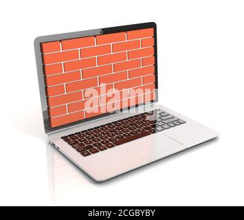 Sicurezza del computer, concetto 3d firewall, muro di mattoni che protegge il laptop Foto Stock