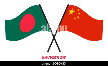 Bangladesh e China Flags hanno attraversato e ondulato stile piatto. Proporzione ufficiale. Colori corretti. Illustrazione Vettoriale