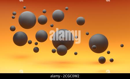 3d sfere nere minacciose che galleggiano su uno sfondo arancione acceso, illustrazione 3d Foto Stock