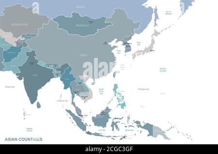 Paesi asiatici denominati mappa vettoriale. Illustrazione Vettoriale