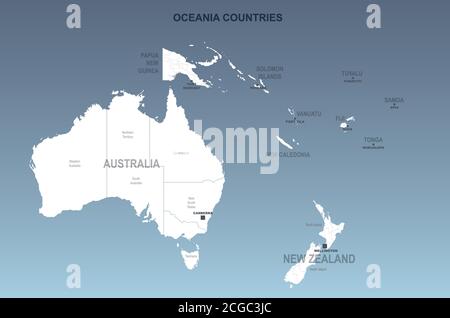 Mappa Australia e Nuova Zelanda. Mappa vettoriale dei paesi del pacifico meridionale. Illustrazione Vettoriale
