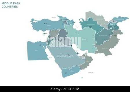 Mappa vettoriale dei paesi del Medio Oriente. Illustrazione Vettoriale