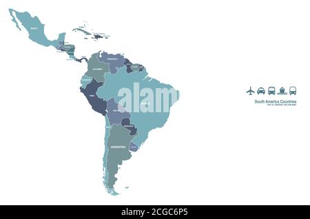 Mappa vettoriale dei paesi sudamericani. Illustrazione Vettoriale