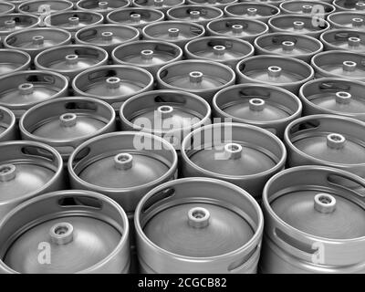 Barili di birra in file 3d di sfondo Foto Stock