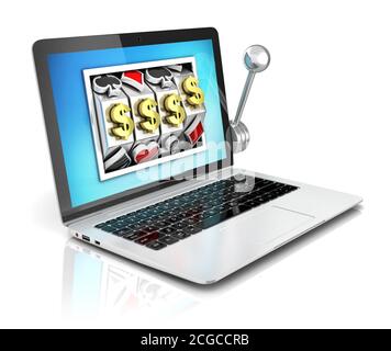 online gambling 3d concept - slot machine all'interno del computer portatile Foto Stock