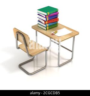 scrivania e sedia a scuola su sfondo bianco Foto Stock