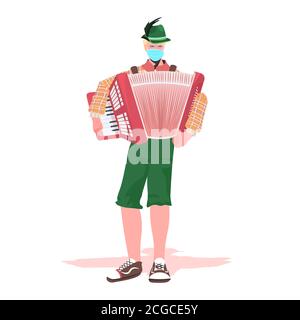 Musicista che suona fisarmonica in un festival folk esegue musica Oktoberfest party celebrazione concetto uomo in tedesco abiti tradizionali divertirsi pieno illustrazione vettoriale isolata in lunghezza Illustrazione Vettoriale