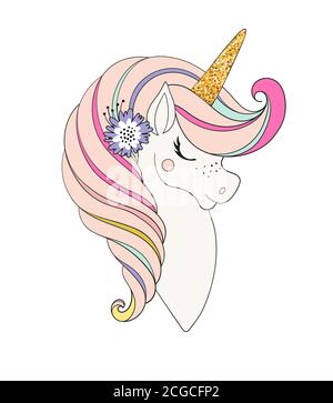 Testa unicorno con fiori. Bel ritratto di un cavallo magico per design, cartolina, invito, festa dei bambini. Illustrazione vettoriale a colori isolata su sfondo bianco Illustrazione Vettoriale