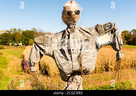 Concorso di progettazione dello Scarecrow presso la fattoria locale per raccogliere fondi a favore dell'Alleanza Nazionale sulle malattie mentali. Foto Stock