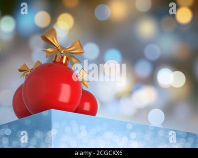 Le palline rosse di Natale giacciono sul bordo del podio Foto Stock