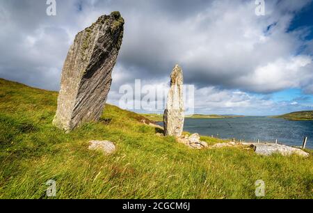 Pietre in piedi a Callanish VIII sull'Isola di Grande BERNERA sull'Ilse di Lewis nelle Ebridi esterne Della Scozia Foto Stock