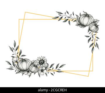 cornice autunnale festosa con zucche e decorazioni girasole, linea floreale autunnale design, vintage autunnale design per il ringraziamento, carte autunnali Foto Stock