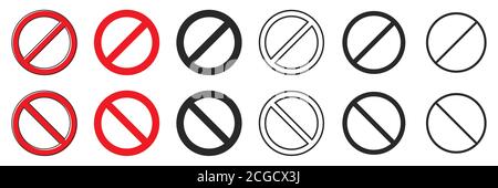 Serie di segni di divieto di spessori diversi. Illustrazione del vettore. Simbolo di arresto isolato. Icona rossa di divieto Illustrazione Vettoriale