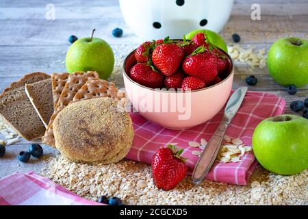 Ingredienti salutari del cibo per la colazione carboidrati Foto Stock