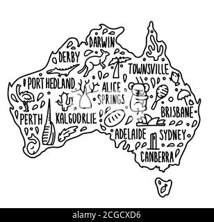 Illustrazione vettoriale della mappa di viaggio cartoon australiana. Doodle disegnati a mano nomi della città australiana caratteri e cartoni animati monumenti, attrazioni turistiche Illustrazione Vettoriale