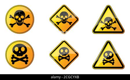 Serie di segnali di pericolo. Illustrazione vettoriale. Simboli di avvertenza con cranio umano. Segnale di pericolo giallo Illustrazione Vettoriale