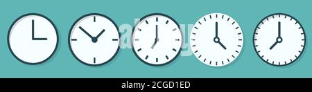 Set di icone di ora e orologio in stile piatto. Icone dell'ora isolate. Icone dell'orologio. Illustrazione vettoriale. Illustrazione Vettoriale