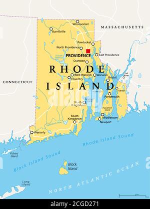 Rhode Island, mappa politica con la capitale Providence. Stato del Rhode Island e delle piantagioni di Providence, RI, uno stato nella regione del New England. Foto Stock