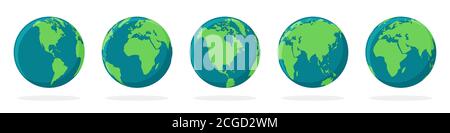 Icone globo di terra isolate. Icone della mappa del mondo. Insieme di emisferi di colore della terra con continenti diversi. Illustrazione vettoriale. Illustrazione Vettoriale