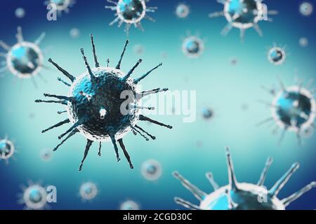 Cellule virali di coronavirus, Covid-19, SARS-COV-2 - illustrazione 3D Foto Stock